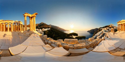 A dazzling ancient Greek metropolis crowning a sun-drenched hill, resplendent marble edifices and statues gleaming, surveying a crystalline azure ocean, evoking a seamless fusion of legend and antiquity in immaculate ultra-high resolution, with mythical creatures subtly adorning the scene.