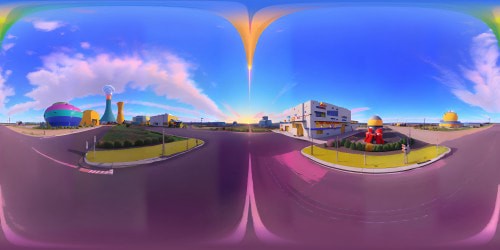 Simpson-style VR360 Springfield panorama, ultra-HD, vibrant color burst. Nuclear plant landmark, towering Lard Lad Donuts, quaint Flanders' house. Bubblegum-pink cumulus, surreal sunset spectrum, VR360 sky theater. Neon signs sparking, primary colors extravaganza. Artistic masterpiece, ludicrous resolution coverage.