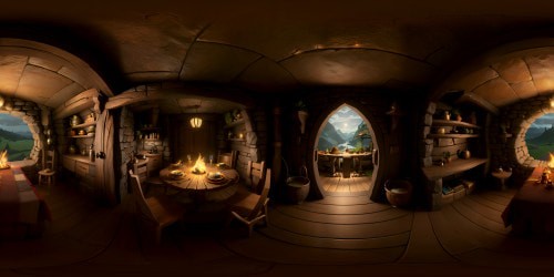 VR360 Hobbit cave, cozy nooks, earthy walls, round door. Glowing firelight, fantasy art style. Intricate wood carvings, vibrant tapestries, tea-kettle in corner. VR360 ultra high-res, a masterpiece of detail, texture of stone, glow of fire, whimsical charm.