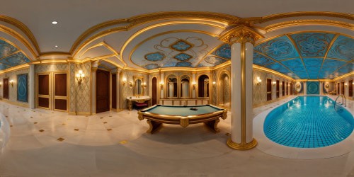 Immaculate poolrooms captured in flawless ultra-high-resolution detail, showcasing intricate patterns, luxurious textures, and exquisite lighting, an artistic masterpiece of opulent elegance.