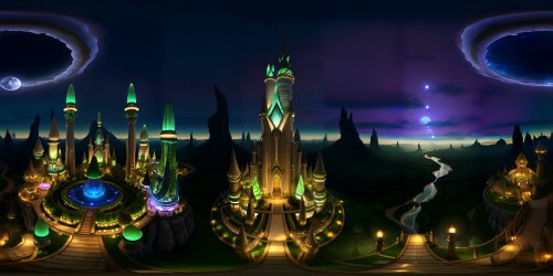 Elf city nestled in forested mountain, ultra-high-res details, masterpiece quality. VR360 view: emerald spires, intricate bridges, flowing waterfalls into luminescent pools. Fantasy style, Tolkien-inspired cityscape, merging organic and architectural elements. VR360: Elven city with sparkling lights, silent stone guardians, captivating moonscape above.