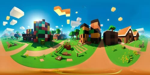 Minecraft-inspired UN village, VR360 visual marvel, ultra-high-res texturing, block-style architecture. Emphasis on lighting, vibrancy in pixelated detail. Immersive VR360 panorama, nostalgic game visuals. Masterpiece quality, unique cubic elegance.