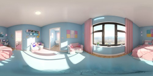 A bedroom painted with light blue walls clouds on the wall and the rainbow on the wall with a big pink chair in the corner and a white fluffy carpet Looking out a window with a green valley down below 