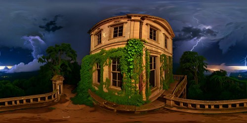Amidst a stormy night, an abandoned haunted mansion looms, cracked shutters and overgrown ivy, illuminated by eerie moonlight and arcing lightning, every weathered detail sharp in flawless high definition, a frighteningly perfect scene.