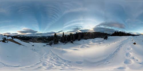 VR360 ultra-high res, snow-covered valley from hillside vantage, evergreens cloaked with snow, twinkling Christmas lights, night-time horizon ignited by northern lights, combined with a touch of digital painting.