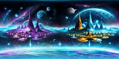 VR360 view, celestial masterpiece, quality akin to 999-carat diamond, ultra high-resolution, surreal art style. Nebulas woven like cosmic silk, star clusters adding depth in VR360. Touch of Picasso’s abstract, cosmic art's intricacy, grandeur. Space's vast expanse, fantasy elements, splattered starlight.