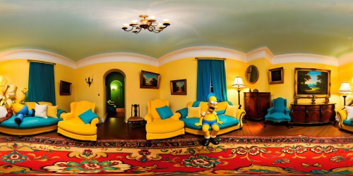 Meticulously crafted recreation of The Simpsons' iconic living room in ultra-high resolution, bursting with vibrant yellow hues, plush turquoise couch, flawless details, flawless recreation.