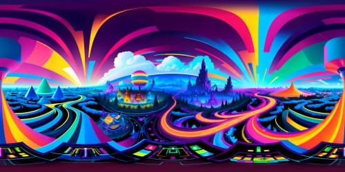 Ultra high-resolution VR360, retro-futurism influences, chromatic hues of cyber cityscapes, neon skyscrapers, geometric patterns, sleek hovercraft, crisp VR360 digital artistry, mastery-level detailing, riveting, dystopian magnificence.