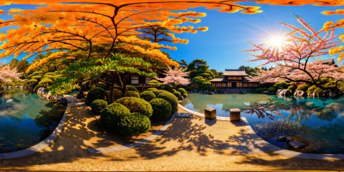 An idyllic ancient Japanese garden, vibrant cherry blossoms in full bloom, a tranquil koi pond reflecting the azure sky, dappled sunlight filtering through leafy branches, a vivid and flawless ultra high resolution rendering capturing the serene beauty of this picturesque scene.