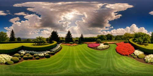 At the heart of an impeccably manicured garden, surrounded by vibrant blooms, an immaculate and flawless emerald lawn extends under a picture-perfect sky, every blade detailed in ultra-high resolution, a breathtaking masterpiece.