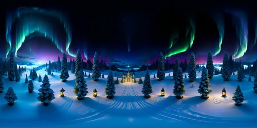 VR360 masterpiece, ultra high-res winter wonderland. Crystalline snowflakes in suspension, ice-encrusted pines sparkling under moonlight. Star-studded indigo sky, Northern Lights sprawling in VR360. Fantasy art style, intricate frost patterns, ethereal glow on frozen surfaces. Maximum quality, immersive winter spectacle.