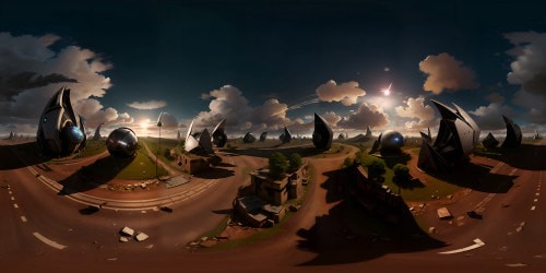 VR360: detailed, post-apocalyptic, ultra-high-res landscape, toppled buildings. Fantasy art: Giant turkeys, feather texture, majestic. Scattered debris, broken structures. Versus, vibrant sky, wild clouds in sunset hues, VR360 panoramic view.