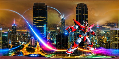 Epic battle scene in a sprawling downtown metropolis, towering Megazord and colossal monster clashing amidst neon-lit skyscrapers, dazzling lasers piercing the night sky in flawless ultra-high resolution detail, a true masterpiece of dynamic power and energy.