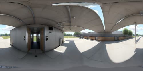 VR360 pinnacle of detail, ultra-high resolution, hyper-realistic 1970s British toilet block. Authentic urinals, authentic interiors, in immersive VR360. Sparse, crucial foreground elements, not obstructing the expansive view. Mainly concrete and tile, signature of the era. Style: photorealistic digital painting.