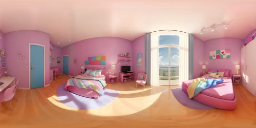 A beautiful bedroom with blue walls painted with a rainbow and big fluffy clouds and a big pink chair in the corner