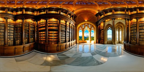 An ancient majestic library with soaring shelves overflowing with leather-bound tomes, intricate golden detailing, stained glass windows casting vibrant hues on the polished marble floors, soft candlelight flickering in the vast, quiet space, timeless beauty captured in flawless ultra-high resolution.