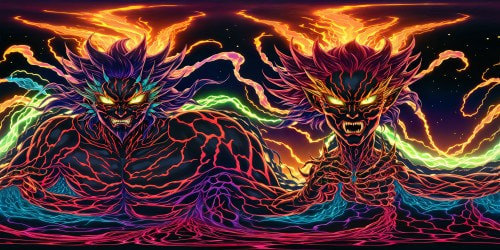 A mesmerizing digital artwork of a fearsome anime demon, intricately detailed with vibrant, dynamic colors and textures on a massive 8K screen, radiating an aura of dark power under soft, ambient lighting.