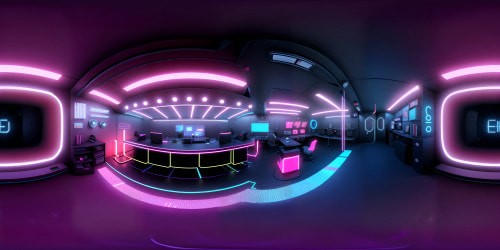 VR360 view: vintage cybernetic office, scatterings of neon holograms, high-tech investigation tools. VR360 style: ultra-high-resolution, film noir meets digital art masterpiece.