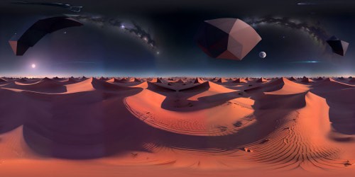 Masterpiece quality VR360 endless desert panorama, ultra-high resolution. Dune silhouettes gently emerging, expansive VR360 nocturnal vista. Twinkling celestial bodies punctuating deep indigo sky. Subtle grandeur of minimalist desert, untouched and pristine.