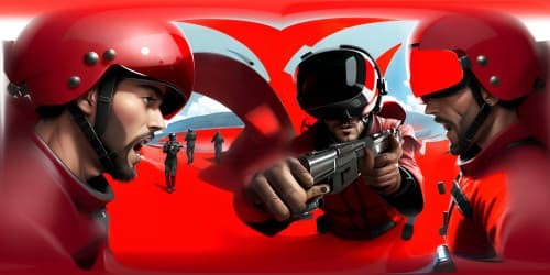 men wearig all red jumpsuit. holding machine gun. face all covered.