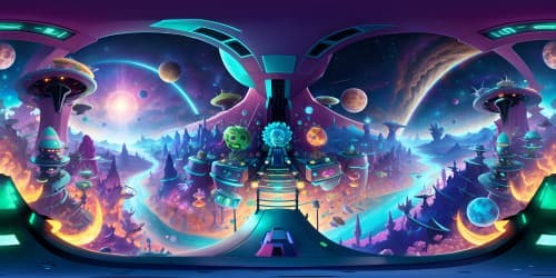 Rick and Morty-inspired VR360 scene, quantum realm portals, zany alien landscapes, strange celestial bodies. Ultra-high resolution spectacle, cartoonish pastel hues, wild physics-defying structures. Masterpiece quality, vibrant colors, playful textures in VR360. Unique, chaotic yet charming.