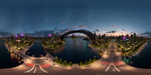 Ultra high-res VR360 scene, Sydney skyline at night. A grand masterpiece, towering skyscrapers bathed in moonlight, luminescent cityscape reflections on the harbor. Lavish style, focus on depth, detail richness.