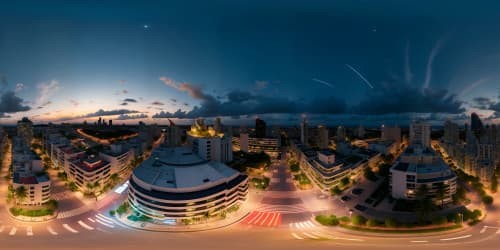 Masterpiece quality, ultra-high res, VR360 view of San Juan, Puerto Rico skyline at night. Glimmering city lights, vibrant starlit sky, complete city panorama. Modern digital painting style, crisp textures, vivid color contrasts.