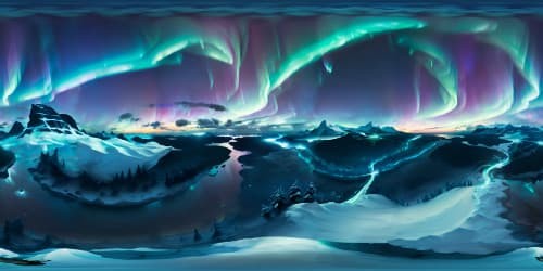 VR360: ultra-high-resolution masterpiece, palpable aurora borealis realism. VR360: dominant sky elements, emerald-green, cerulean-blue, neon-pink light streams. Pristine clarity, breathtaking vibrant palette.