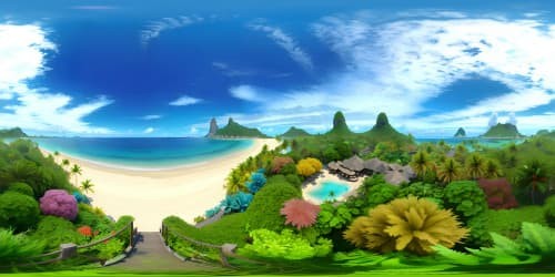 Masterpiece-quality, ultra high-res VR360, Pacific Isle. Lush tropical foliage, cloud-touched peaks, azure ocean expanses. Picture-perfect sunsets, radiant hues, endless horizon. Crystal clear waters, coral reefs visible, Fantasy realism style.