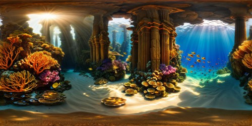 Imposing underwater temple dedicated to Poseidon, intricate coral-covered architecture, shimmering pillars, schools of colorful fish, sun rays piercing the crystal-clear waters, creating a dazzling display of light and shadow, an unparalleled ultra-high-resolution digital artwork, a flawless masterpiece.