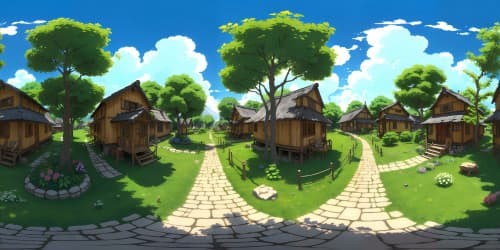 VR360 Naruto-style village, vibrant colors, artisan huts, Hokage monument, ramen shop, lush foliage. Ultra-high-definition, quality brushwork, evocative masterpiece. VR360 Konoha vista, splashes of intense color, meticulous detailing, expansive feel.