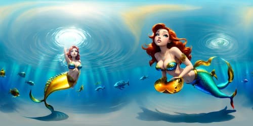 Ariel the mermaid swimming in the sea, with her head above water, cute