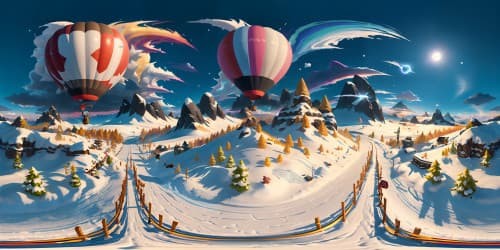 Masterpiece quality, ultra high-resolution, Fortnite Battle Royale Season 7-inspired, VR360, avalanche snow peaks, dynamic storm clouds, floating holographic markers, skydiving trails streaking across the sky, vibrant balloon-powered battle bus, distant gunfights sparking, dust trails of quadcrashers, VR360.