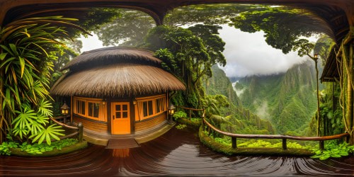 A picture-perfect scene of a cozy, rain-soaked cottage embraced by a dense, misty rainforest, the wet wooden facade gleaming, lush greenery cascading over the thatched roof, and a soft lantern light piercing the downpour, evoking an aura of enchanting seclusion and tranquility in ultra-high resolution detail.