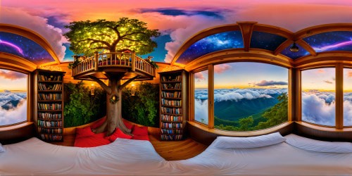 Majestic, ultra high-resolution portrayal of a whimsical 9-year-old's dream bedroom, featuring a larger-than-life treehouse bed, vibrant bursts of color, wall-to-wall bookshelves, fairy lights casting a warm glow, starry night sky spilling through enormous windows, and pastel clouds adorning the ceiling, all in stunningly perfect detail.