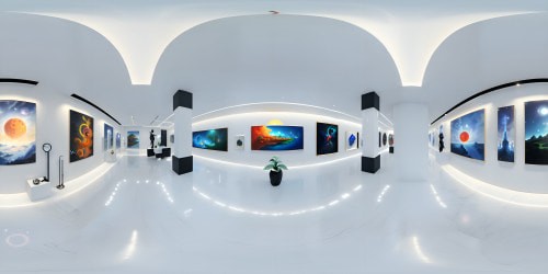 Hyper-realistic VR360 art gallery, elegant sculptures in foreground, minimalistic. White marble floors, crystal chandelier, renaissance paintings adorn walls, luminous. Style: ultra high-resolution, 3D digital painting, impeccable detail, masterpiece level quality. All-encompassing VR360 visual immersion, vibrant, crystal-clear imagery.