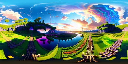 Anime-style VR360 panorama, ultra high-res masterpiece. Vibrant contrasts, glossy finishes, vintage locomotive with steam wisps, polished brass touches. Iron rail tracks, stone arch bridges adorned with ivy, defining VR360 vista. Tranquil, rolling countryside backdrop. Evening sky, anchored orange sun,