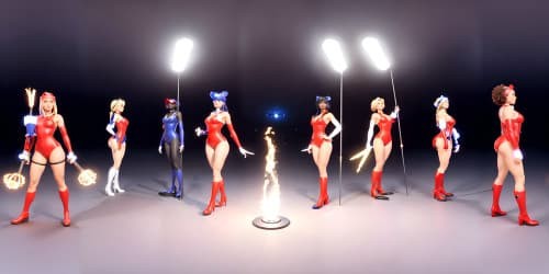 four african american women wearing red leotards. they have thigh hgh boots. two have dreadlocks. one woman is carrying a glowing blue hammer.