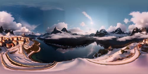 Masterpiece scene in VR360: towering mountains, mirror-like azure lakes in valley. VR360 of Renaissance-style sky: hazy sunrise, soft pinks, golds. Painterly clouds intertwined with deep celestial blues. High-res textures, meticulous detailing for ultra-realistic finish.