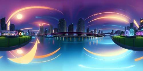 VR360 digital realism, ultra-high resolution, shimmering city lights, Miami Beach florida skyline at night, riverside reflections on water. Overarching darkness, masterpiece quality, VR360 vividness amplified.