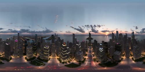 Masterpiece quality, ultra-high resolution, VR360 Chicago skyline. Dusk time hues, skyscrapers silhouettes against vibrant sunset, both grounded and aerial perspectives. Chic, photorealistic style, superior details, grand expansive cityscape.