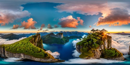 A flawless ultra-high-resolution image of a floating moss-covered island suspended above a breathtaking vista of majestic mountains, serene waters reflecting pink and blue hues of the sky, lush greenery cascading down cliffs in intricate detail.