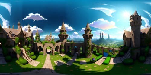 VR360 Masterpiece, Chateau in Potterverse, ultra high res, detailed stonework, ivy-adorned walls, luminary stained glass windows, castle towers piercing starry firmament, fantasy realm, fantasy art style