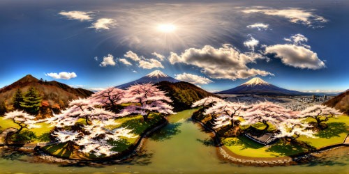 A breathtaking, flawless Japanese countryside scene showcasing vast rolling hills, blooming cherry blossom trees, a tranquil koi pond mirroring the vibrant surroundings, and majestic Mount Fuji dominating the distance beneath a crystal-clear azure sky. An ultra-high-resolution 3D rendering magnificently captures every intricate detail, crafting an unrivaled masterpiece of serene natural beauty.