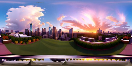 Ultra-high-resolution VR360 vista, Dallas skyline at sunset, towering glass skyscrapers, mirror reflections of fiery Texas sky, sun rays bouncing off edifices. Cotton-candy clouds, palette of soft pinks, purples. VR360 view: wind-rustled Lone Star flag on top, expansive cityscape below. Masterpiece-quality, realism-inspired style.