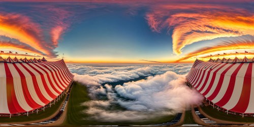 A flawless, ultra high-res depiction of a grand circus tent towering over the wide, vast plains of the Midwest in 1929, vibrant red and white stripes gleaming under the golden sunset, billowing gently in the warm breeze, nostalgia of a bygone era captured in exquisite detail.