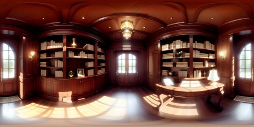 Old library, awe-inspiring, centuries-old tomes, labyrinthine bookshelves, VR360 dust motes dancing in sunshaft, grand oak tables, enigmatic shadows, rich mahogany scent. Style: Ultra-high res, chiaroscuro contrast, Pixar-like textures, dynamic lighting for VR360 finesse, focus on architectural detailing, color depth, realism.