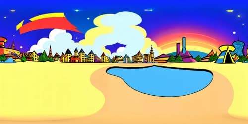 Pixel art style, vibrant colors, ultra high res, Springfield's skyline masterpiece, VR360 view, golden sunset. Iconic landmarks, Kwik-E-Mart, Moe's Tavern, Evergreen Terrace in VR360. Yellow, soft cloud-dotted sky.