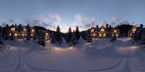 VR360 winter wonderland, hillside overlook, quaint snow-dusted village. Glittering ice, glowing Christmas decorations. Stylistic masterpiece blend, ultra high-definition, vibrant Yuletide hues, intricate detailing for VR360 immersion.