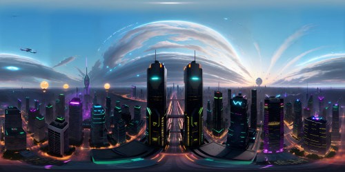 VR360 ultra-high-res view, neon metropolis skyline, digital pulse skyscrapers. Glowing hologram billboards, VR360-injected brilliance. Hover monorails, AI-guided drone lanes. Techno-organic energy veins, untouched cyberpunk panorama. Radiating future-city aura, VR360 breathtaking city immersion.